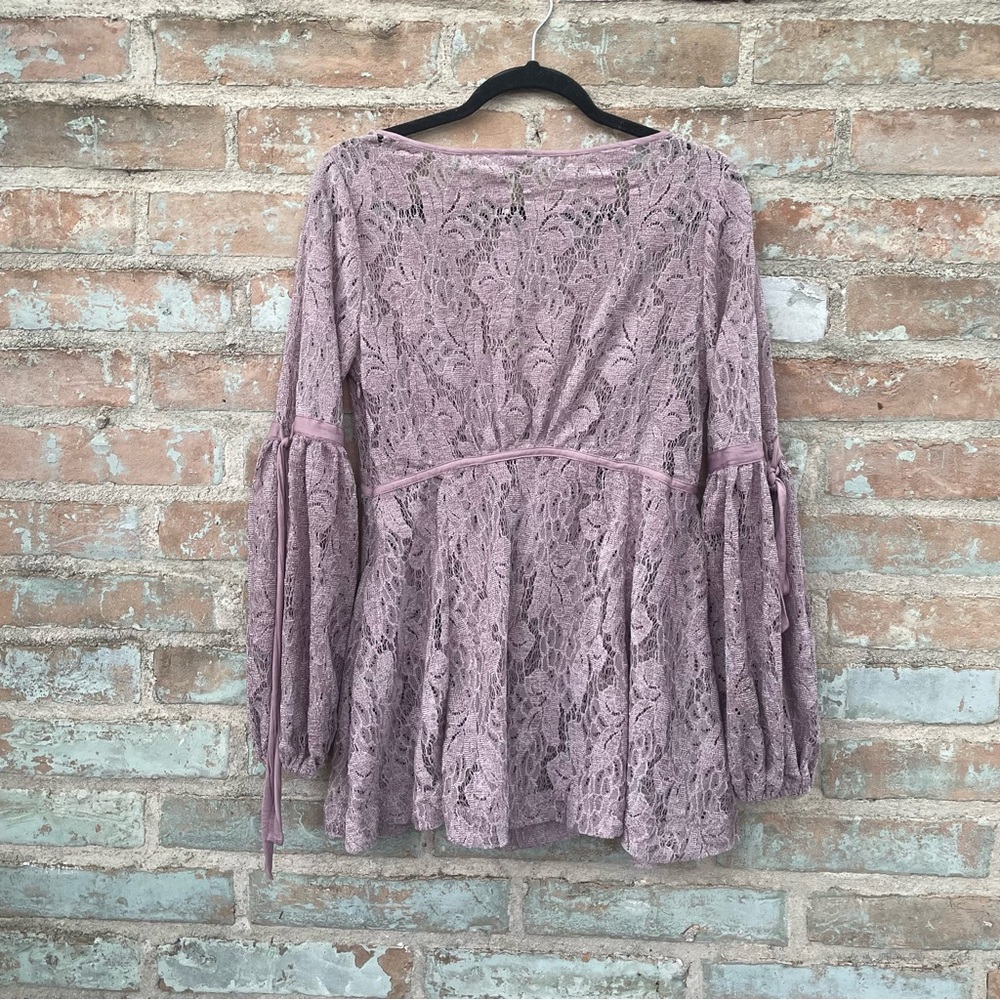 Free People Dress Ruby Mini Babydoll Lilac Pink Lace Sheer Boho Balloon Sleeve - Picture 12 of 13